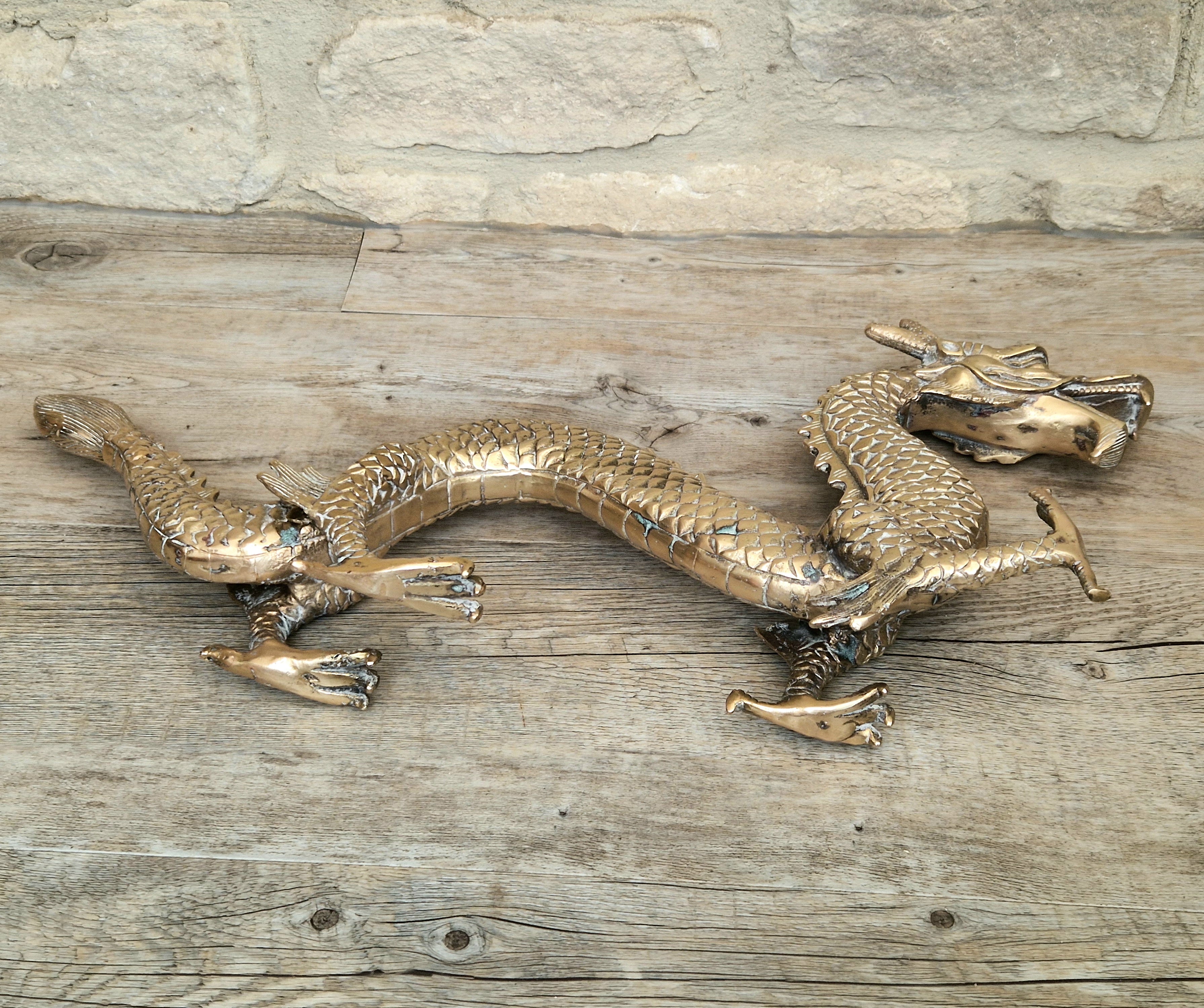 Mid Century High Quality Large Sand-Cast Brass Heavy Chinese Mythical Dragon Figure 51cm