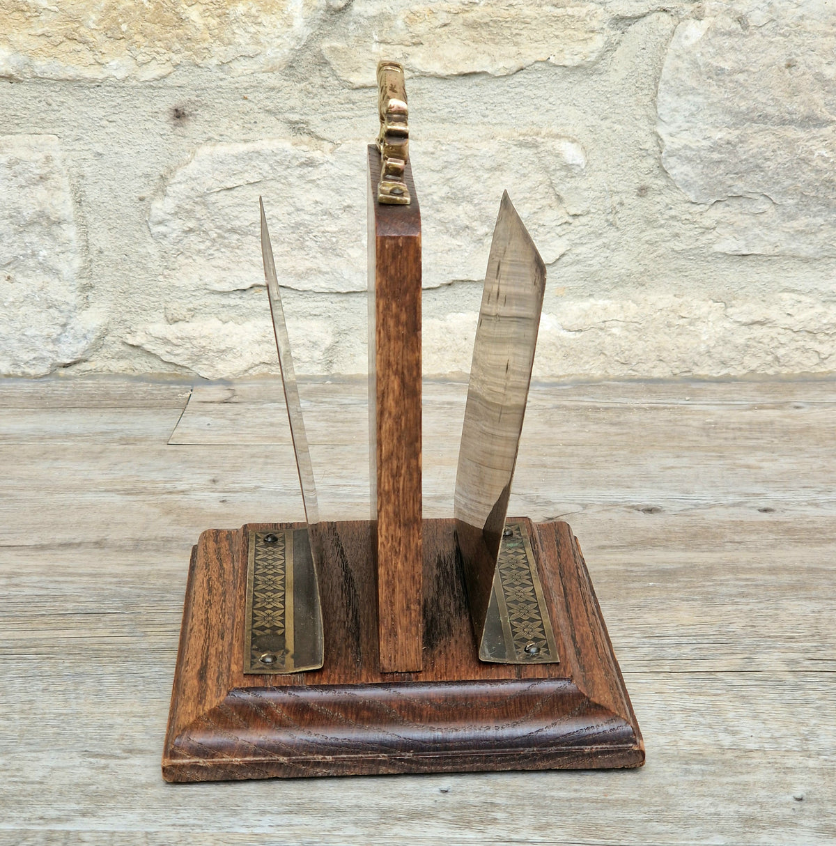 Antique Arts & Crafts Brass And Quarter Sawn Oak Gentleman's Handled Double Letter Rack Stand