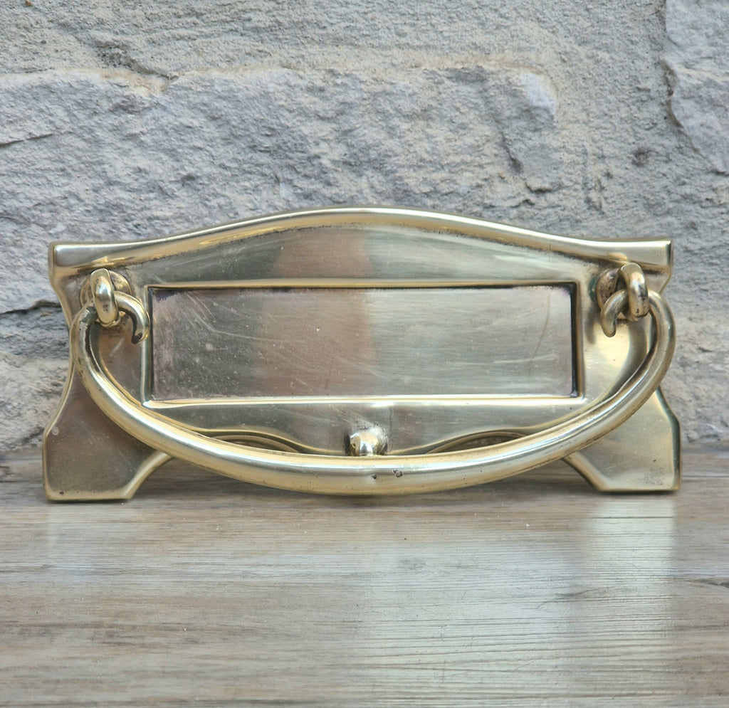 Art Deco Antique Brass Letterbox Plate Door Knocker Original Bolts 18cm
