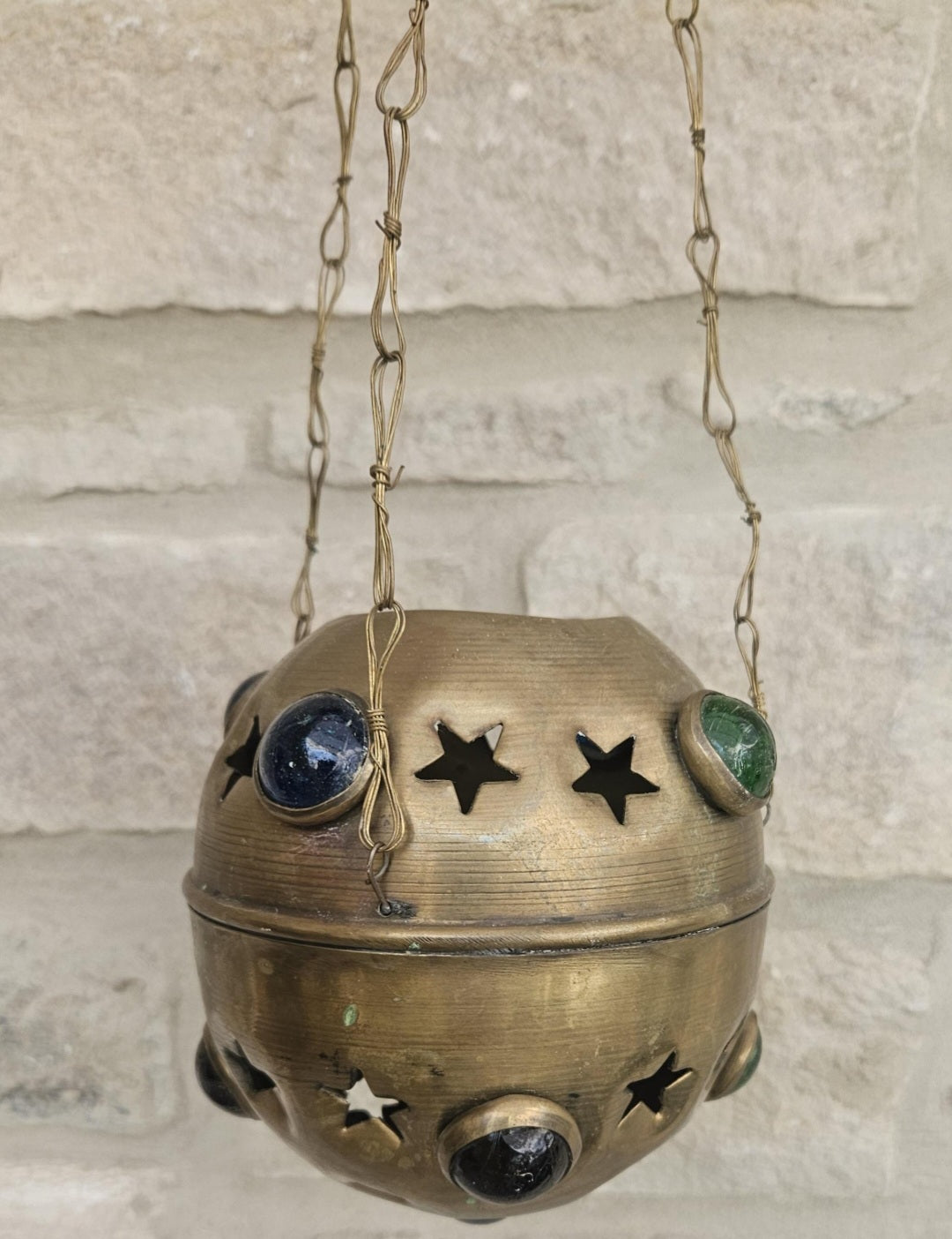 Vintage Pierced Brass Hanging Lantern with cabouchon verdigris Bohemian Moroccan