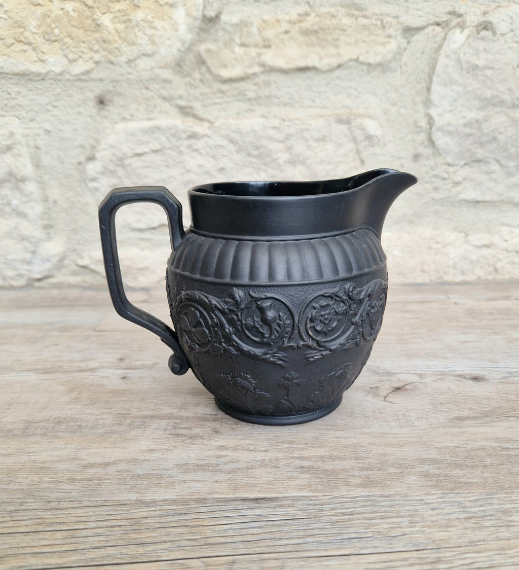 Antique Wedgwood Black Basalt Union Jug Creamer Pitcher Four Home Nations Relief Molded