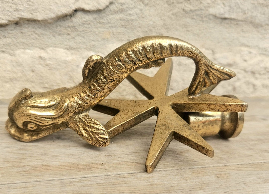 Vintage Malta Cutajar Works Brass Dolphin Door Knocker with Maltese Cross, Rare Figural Door Furniture