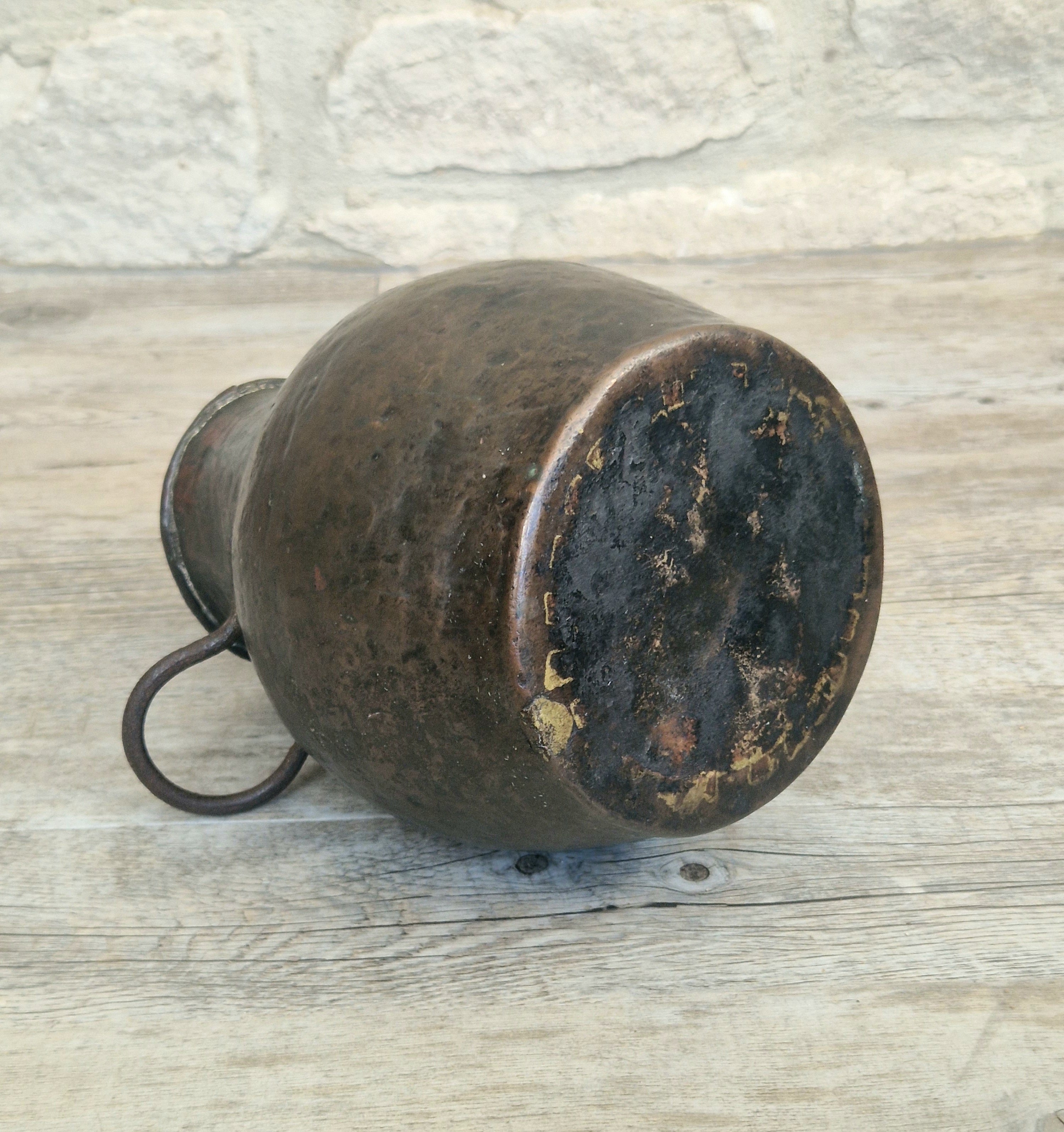 18th Century Hammered Bronze Cauldron Pot Wrought Iron Handles Historic Repair Antique Kitchenalia Vessel