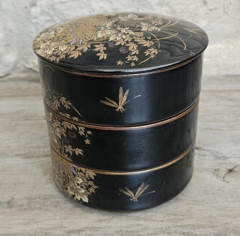 Japanese 3 Tiered Porcelain Lidded Box Butterfly Flowers Shibata Toki Vintage