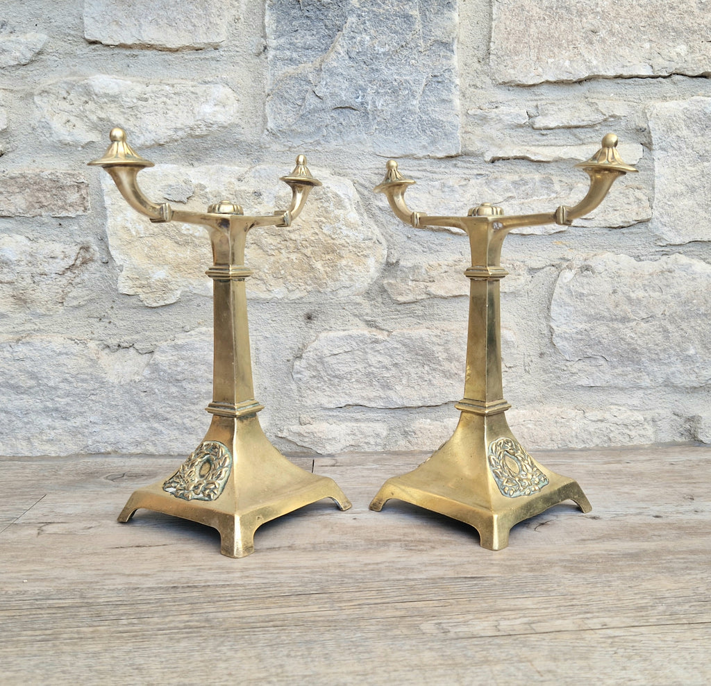 Louis XVI Revival Cast Brass Andirons Fire Dogs Wreath Relief Decoration Pair (c.1870–1900)