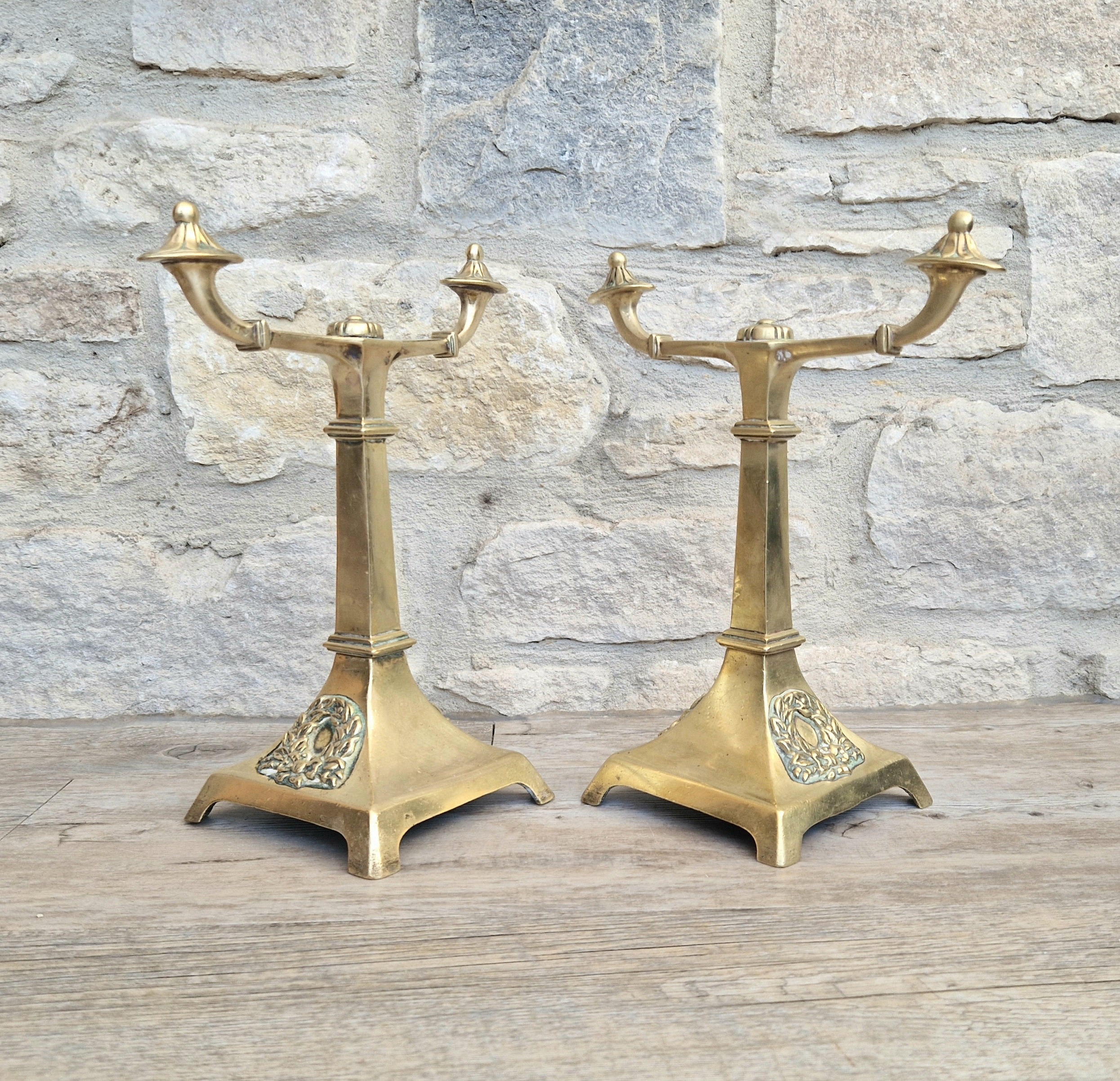 Louis XVI Revival Cast Brass Andirons Fire Dogs Wreath Relief Decoration Pair (c.1870–1900)