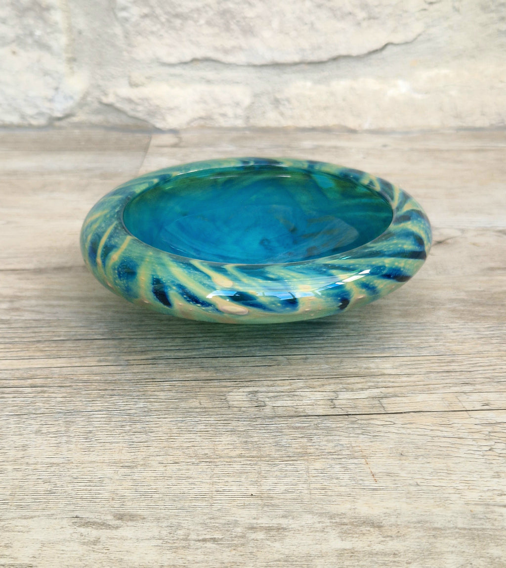 Mdina Glass Green Whirlpool Bowl Vintage 1970s Michael Harris Art Glass Malta