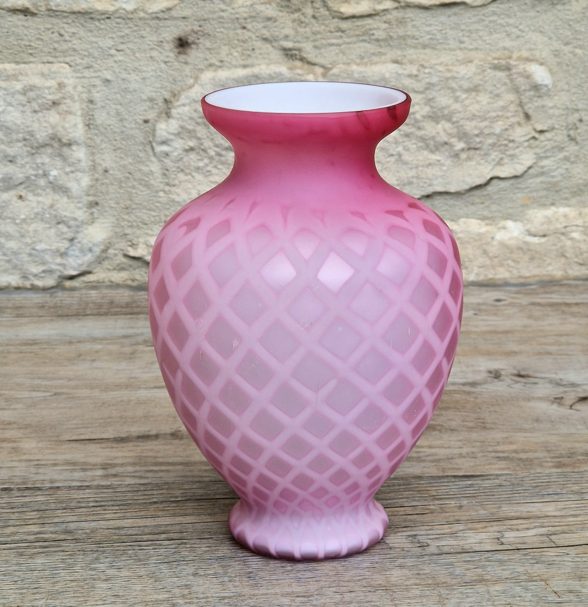 Antique Pink Satin Glass Vase - Victorian Diamond Quilted Mother of Pearl Art Glass - 19th Century Shaded Cranberry Cabinet Vase, Webb Style