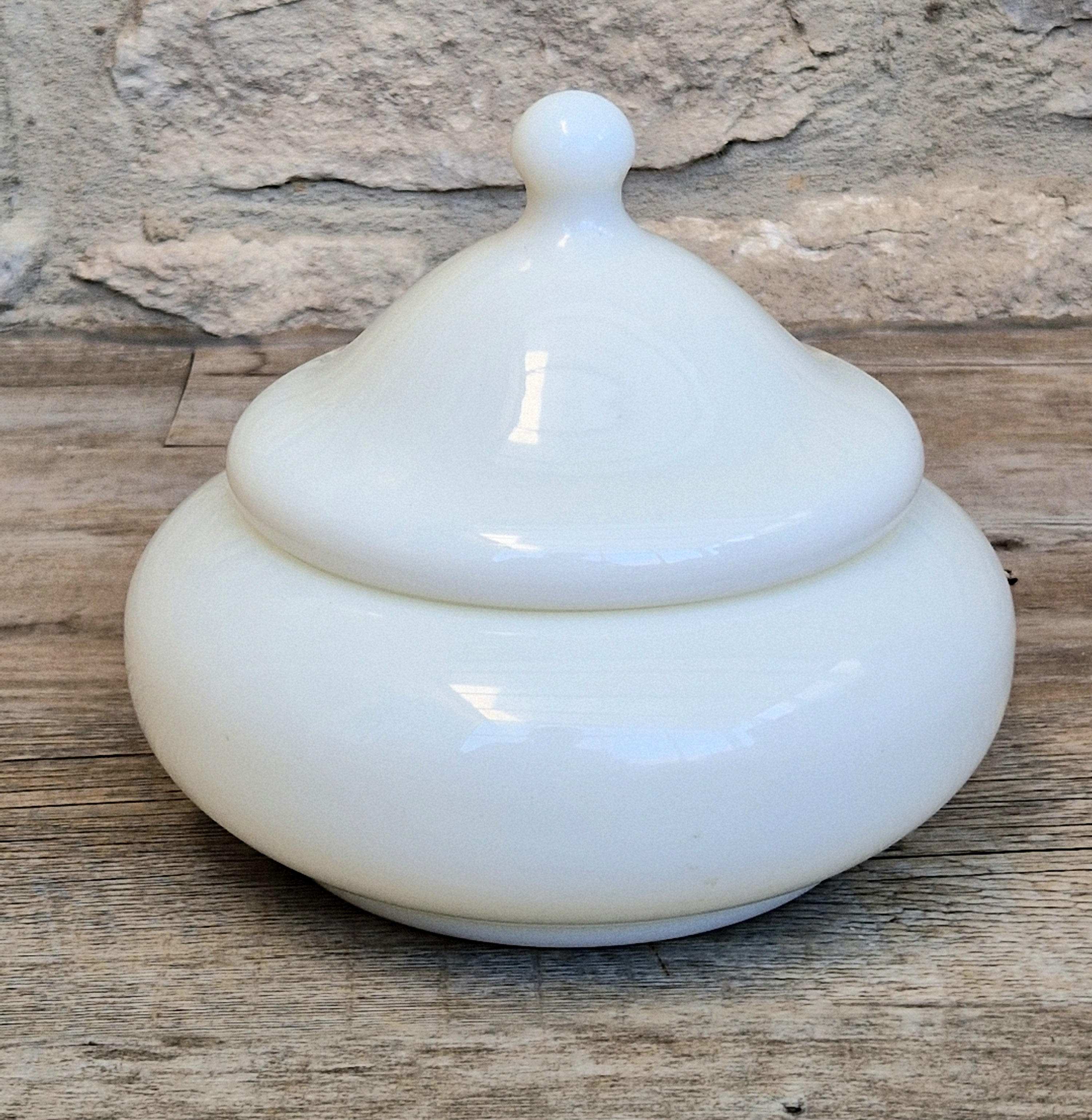 Large French Art Deco White Opaline Glass Bonbonniere Lidded Candy Dish Jar 1930s