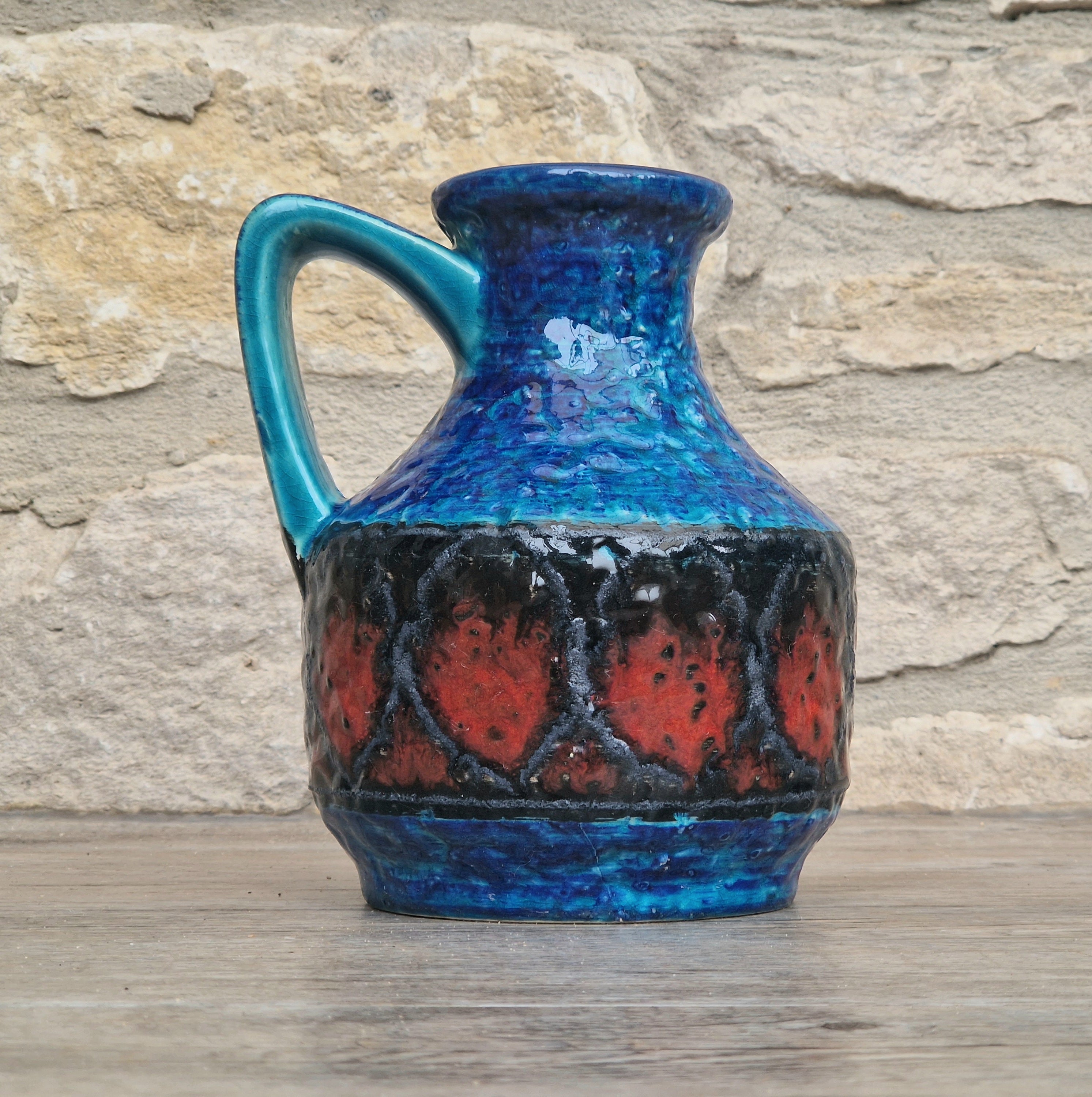 Bay Keramik West German Fat Lava Pottery Jug Vase Mid-Century Bright Blue Vintage