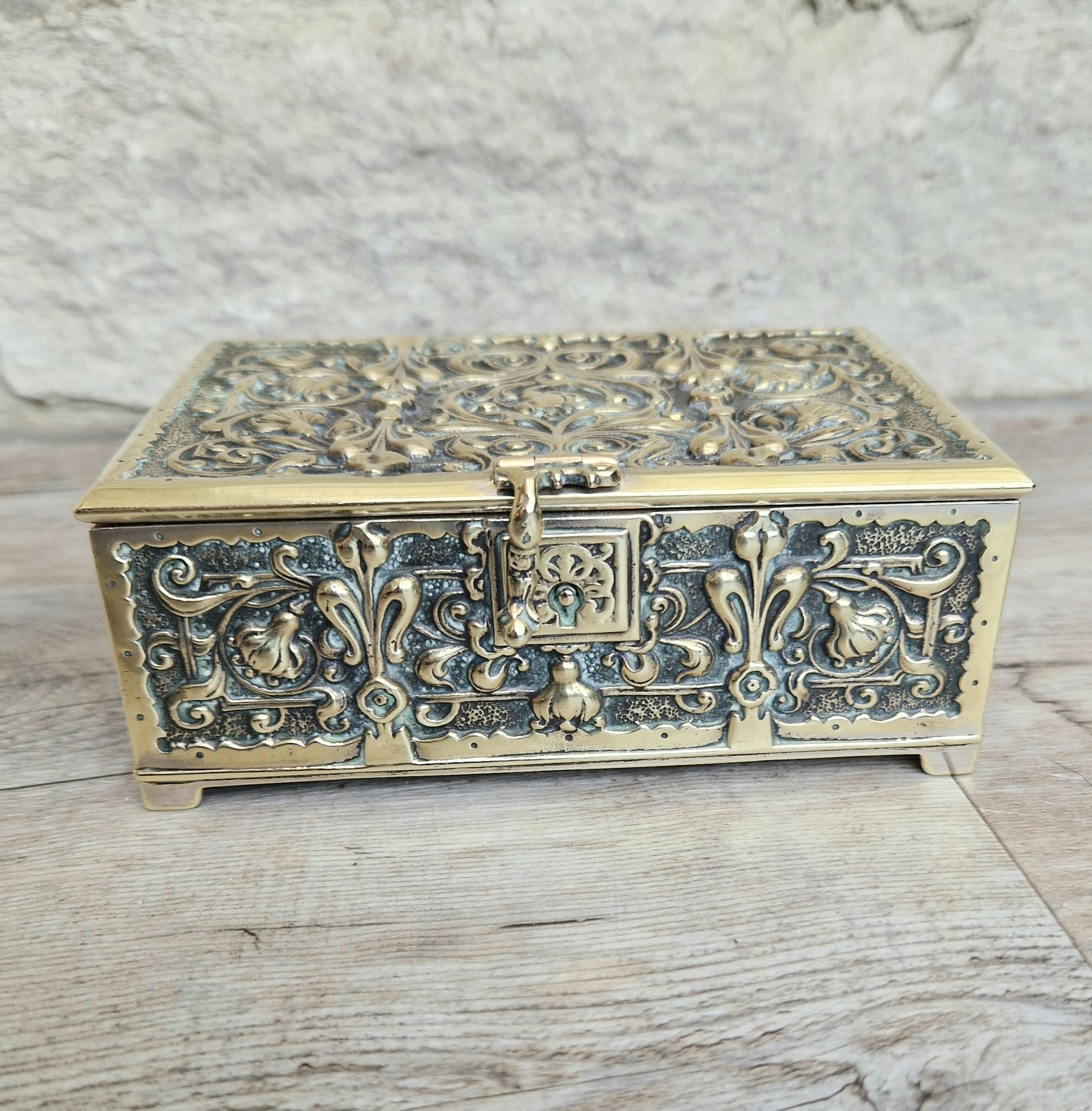 Antique Erhard & Söhne Silvered Brass High Relief Rapousse Renaissance Revival Clasp Casket Box