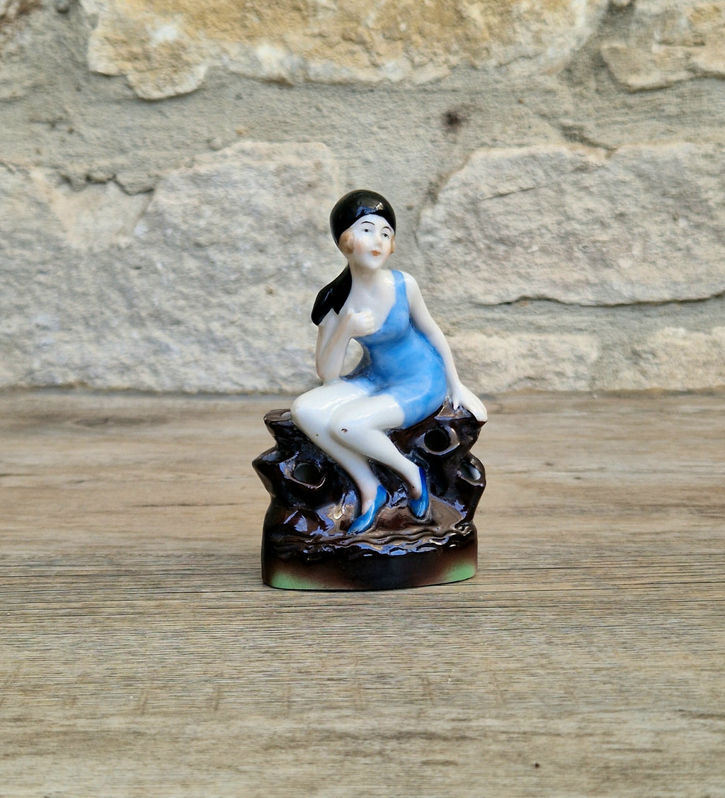 Art Deco Flapper Girl Bathing Belle Figure Ornament Ceramic Hat Pin Holder Continental 1930's