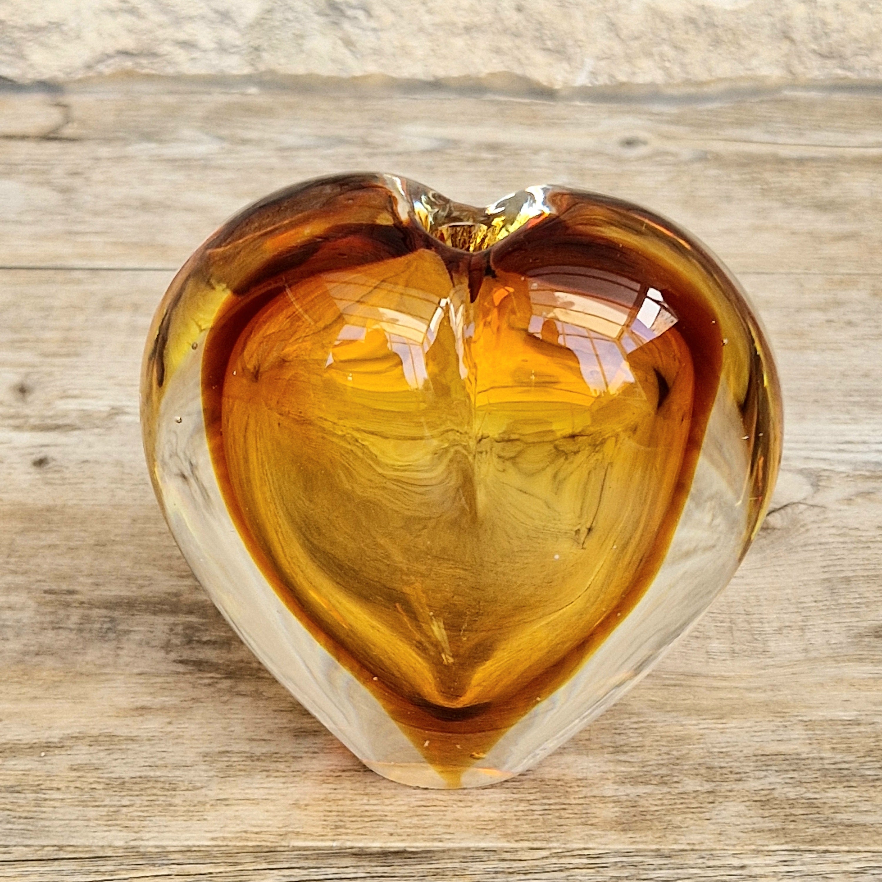 Vintage Mid Century Murano Sommerso Amber Art Glass Heart Vase Paperweight Seguso Sculptural Decor