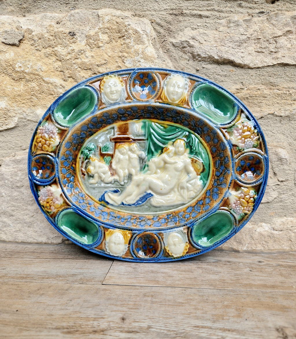 Antique Majolica Neoclassical Oval Serving Dish With Decorative Putti & Masks