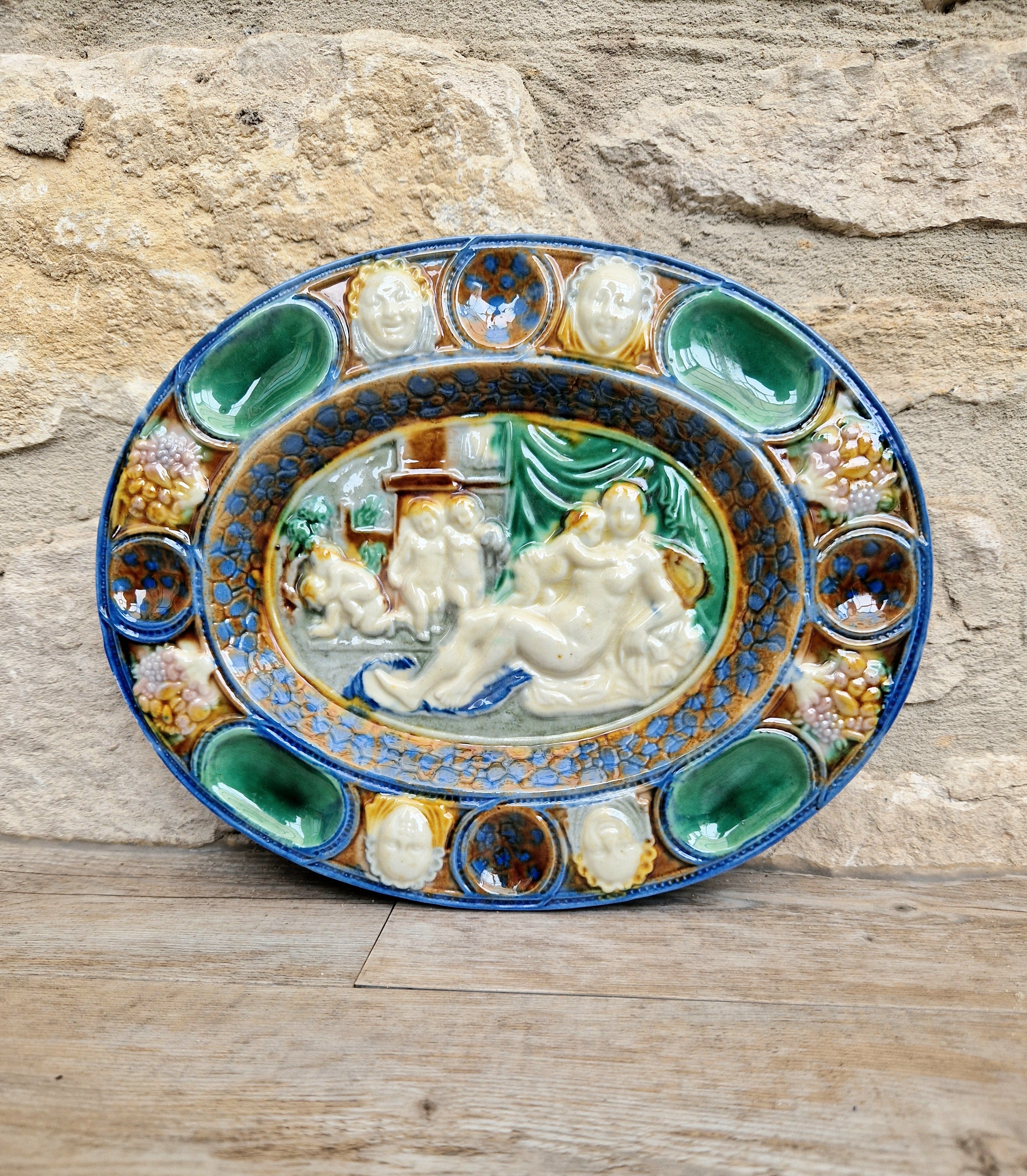 Antique Majolica Neoclassical Oval Serving Dish With Decorative Putti & Masks