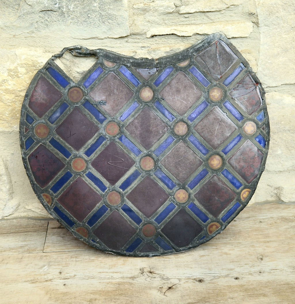 Rare Antique Early 19th Century French Gothic Revival Stained Glass Roundel Panel - Medieval Style Diaper Pattern