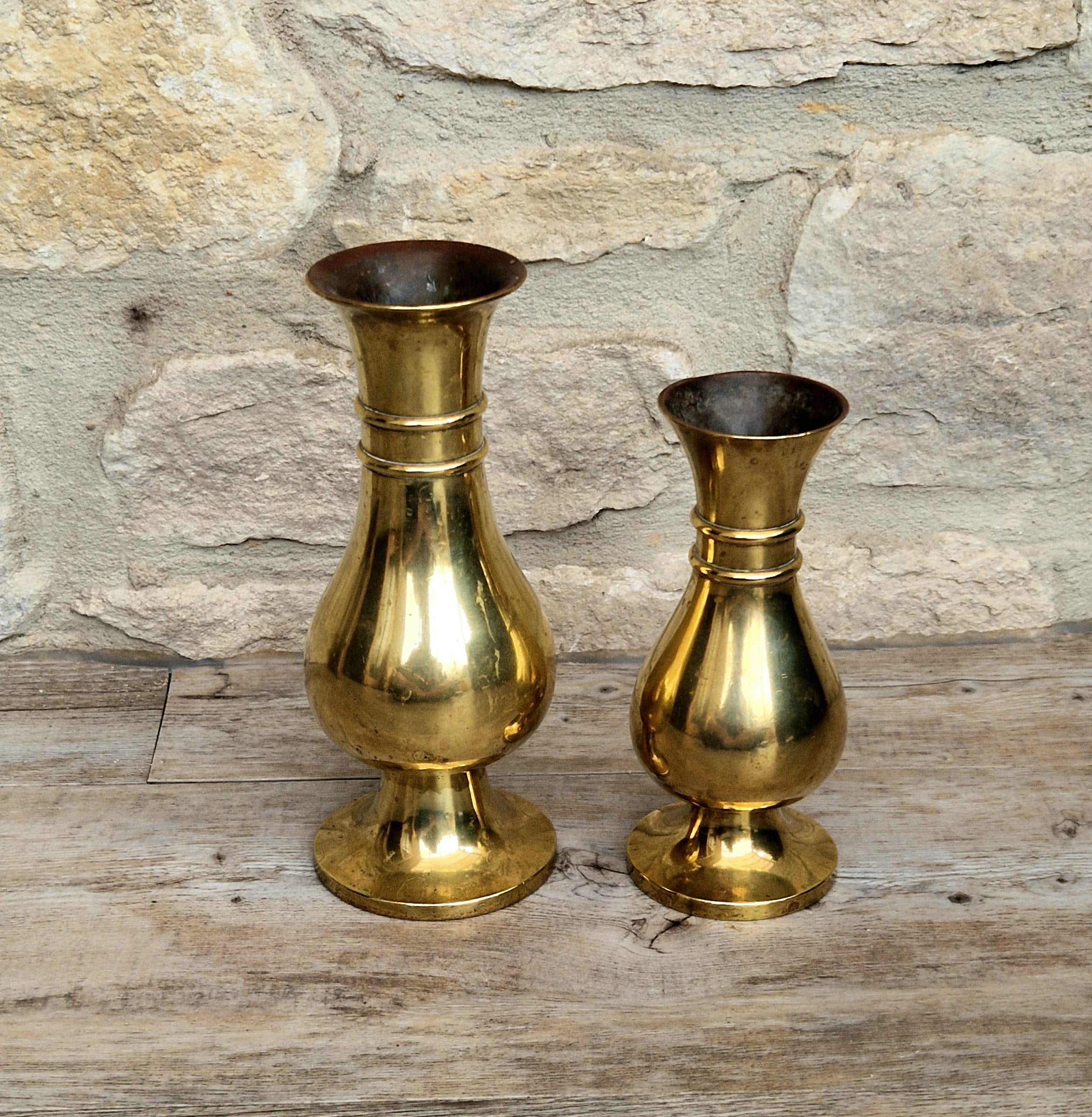 Antique Brass Altar Vases Flared Rim Heavy Pedestal Ecclesiastical Decor Early 20th C.