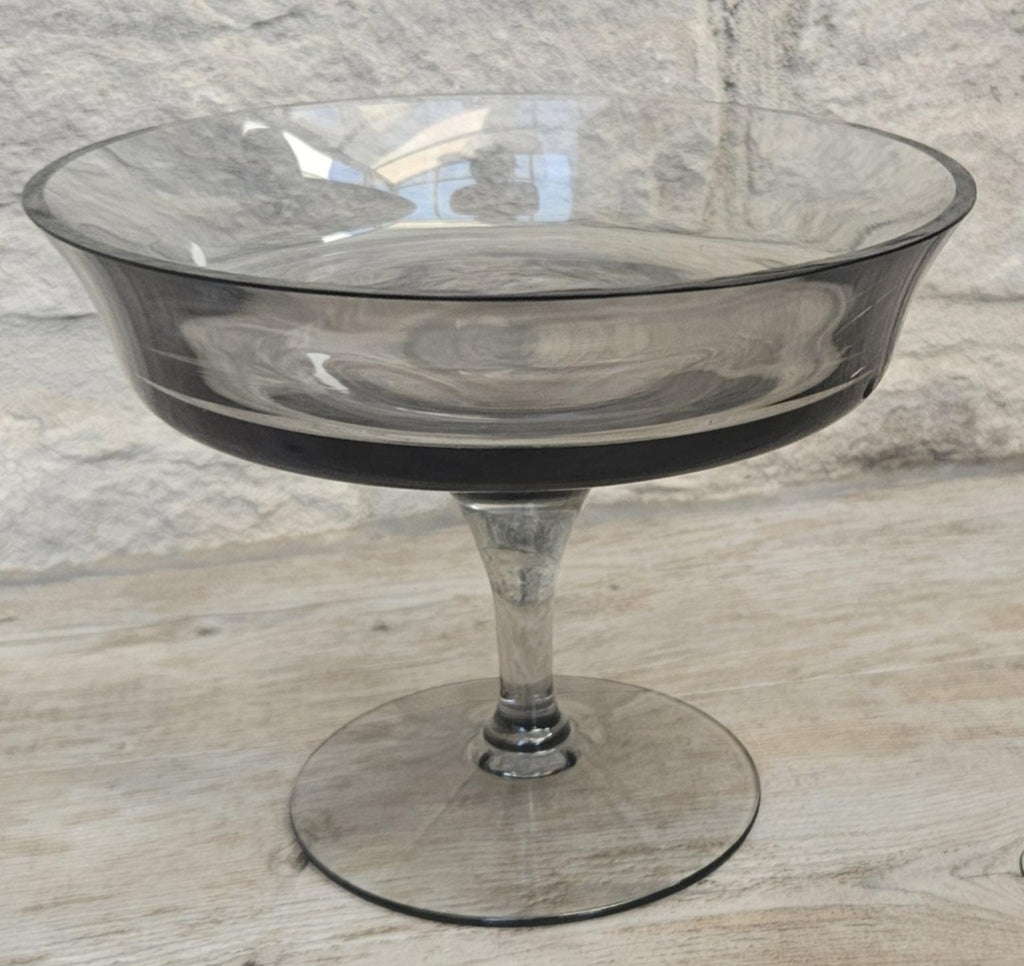 Midcentury Small Glass Compote Tazza By Wedgwood Smoky Glass Made in England Stamped