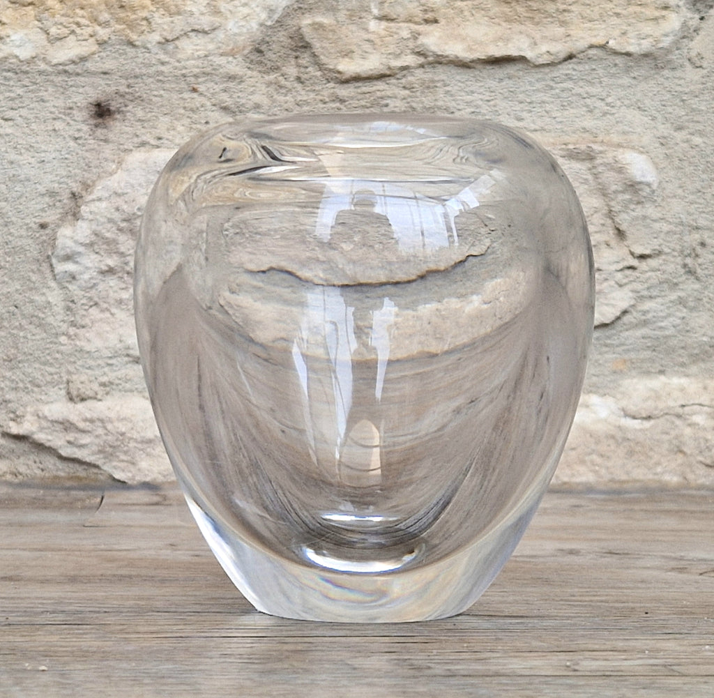 Heavy Mid-Century Clear Hand-Blown Art Glass Ovoid Vase With Polished Frosted Ring Base