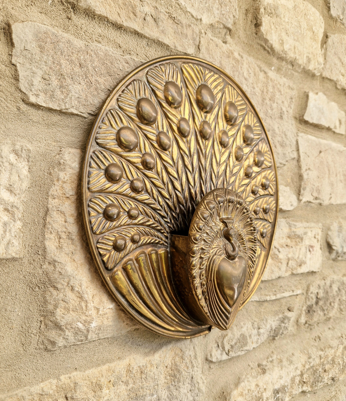 Rare Signed George Johnson Brass Peacock Wall Pocket Plaque 29cm Victorian Arts and Crafts 1880s