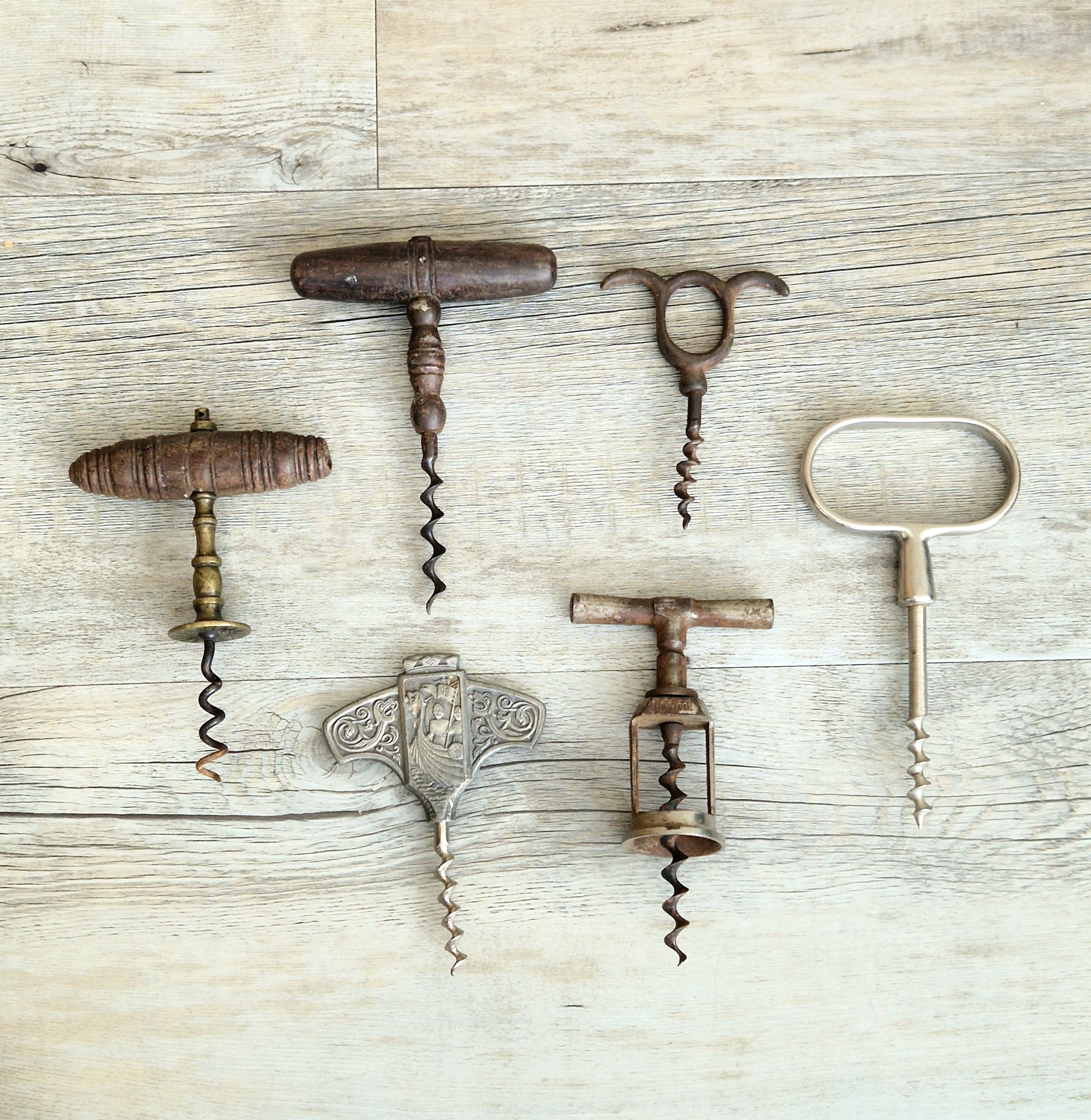 Antique Corkscrew Collection Lot Vintage T Handle Cellar Barware Openers x 6 Bar Decor