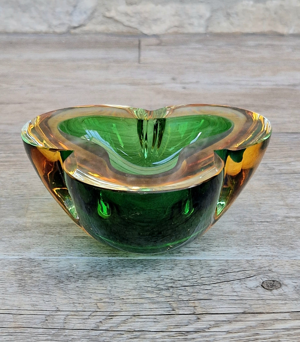 Mid-Century Tri-Form Seguso Sommerso Murano Art Glass Bowl Amber & Green 1970s 13cm