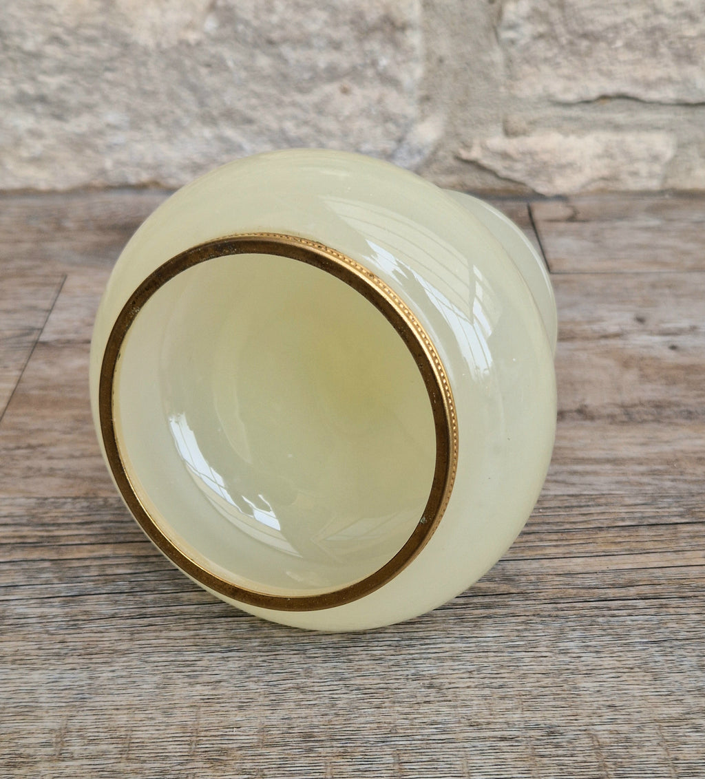 Vintage Italian Opaline Green Glass by Vincenzo Nason 1950s Hand Blown Gilt Rim Pedestal Candy Dish