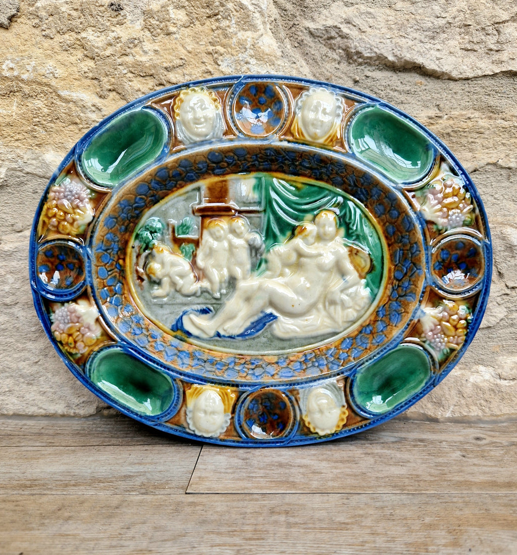 Antique Majolica Neoclassical Oval Serving Dish With Decorative Putti & Masks