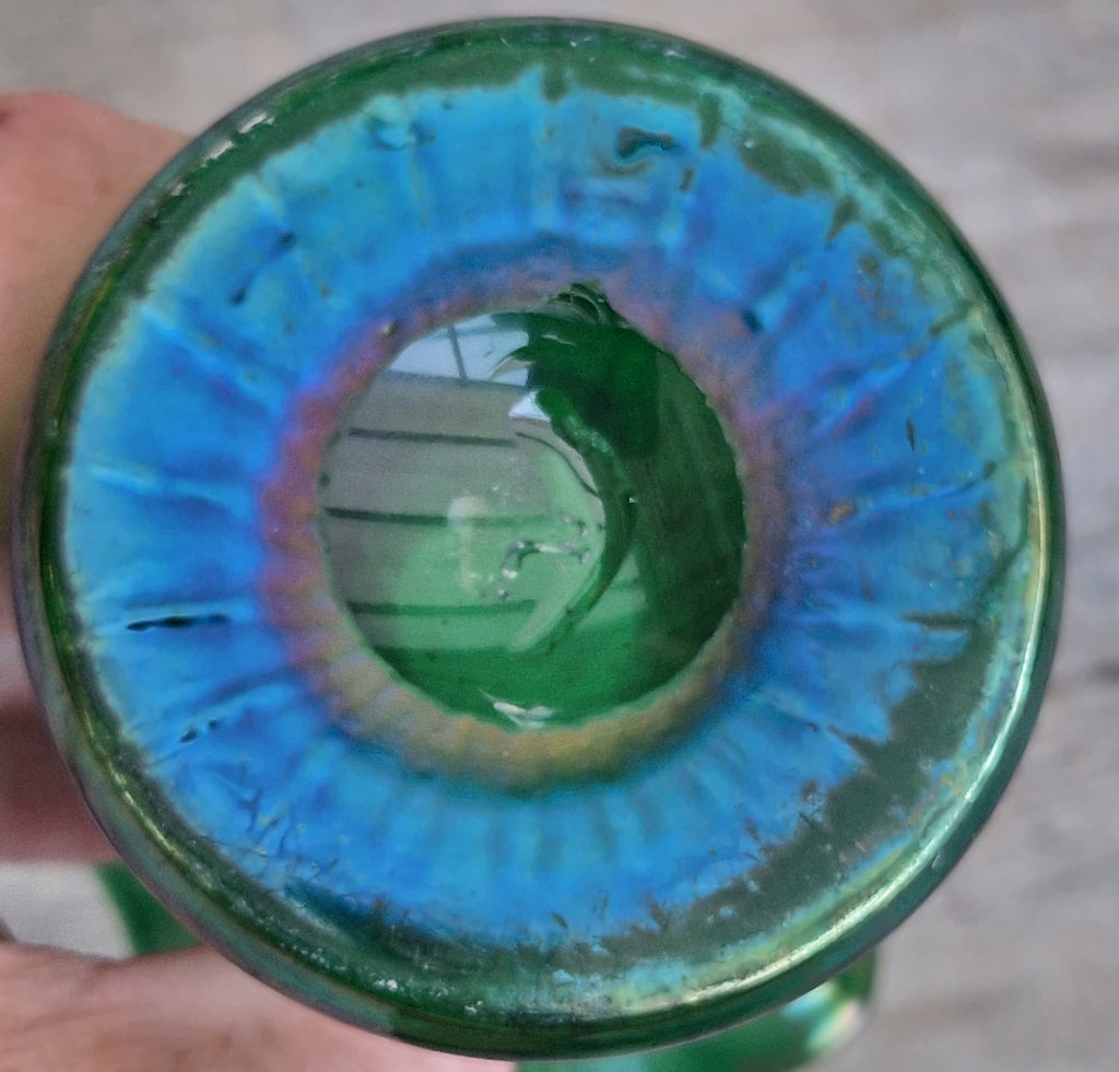 Antique Loetz Art Nouveau Creta Glatt Iridescent Green Glass Fluted Vase Polished Pontil c1900
