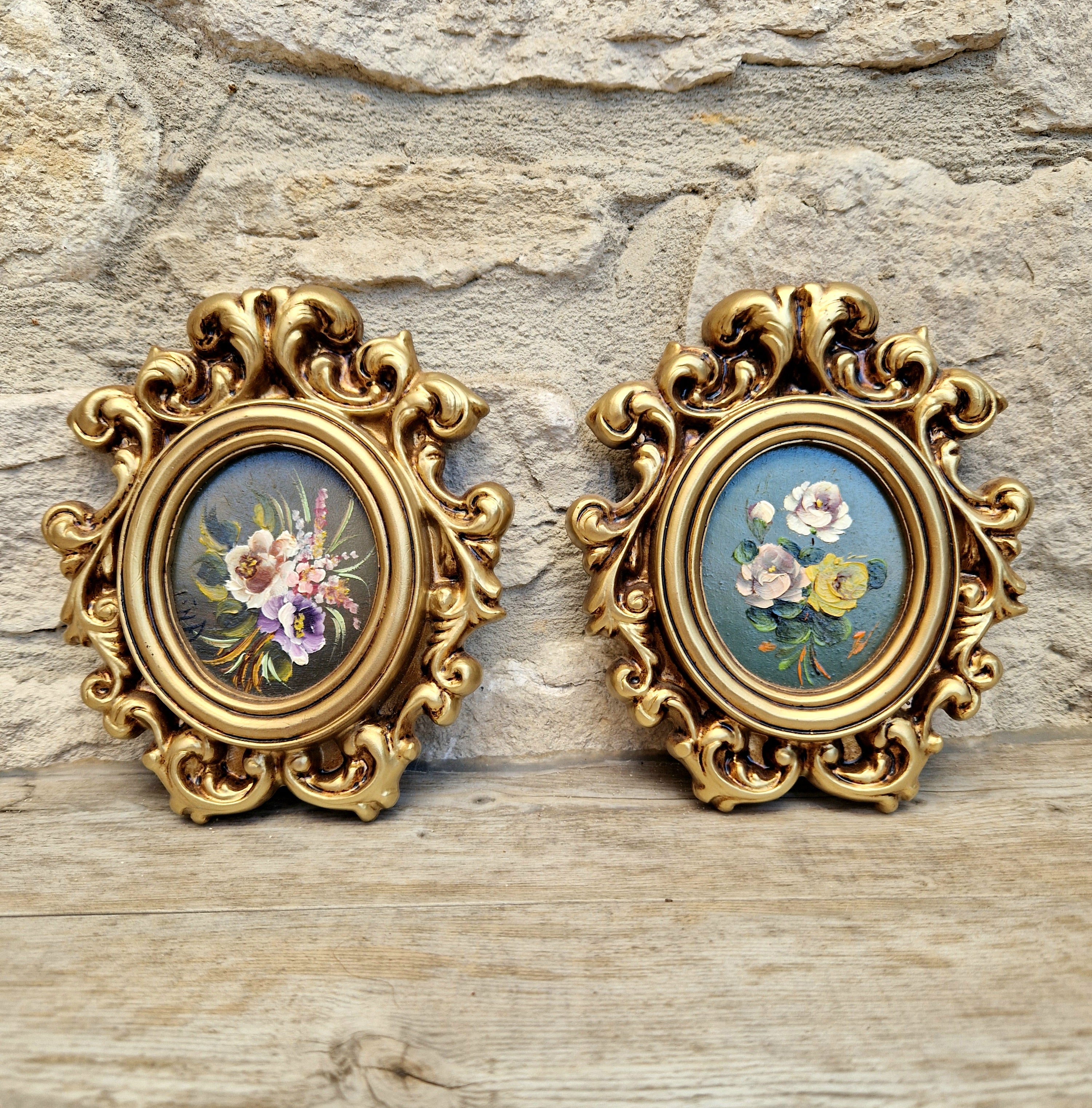 Vintage Pair Signed Floral Miniature Oil Paintings Ornate Gold Rococo Florentine Style Wall Plaques