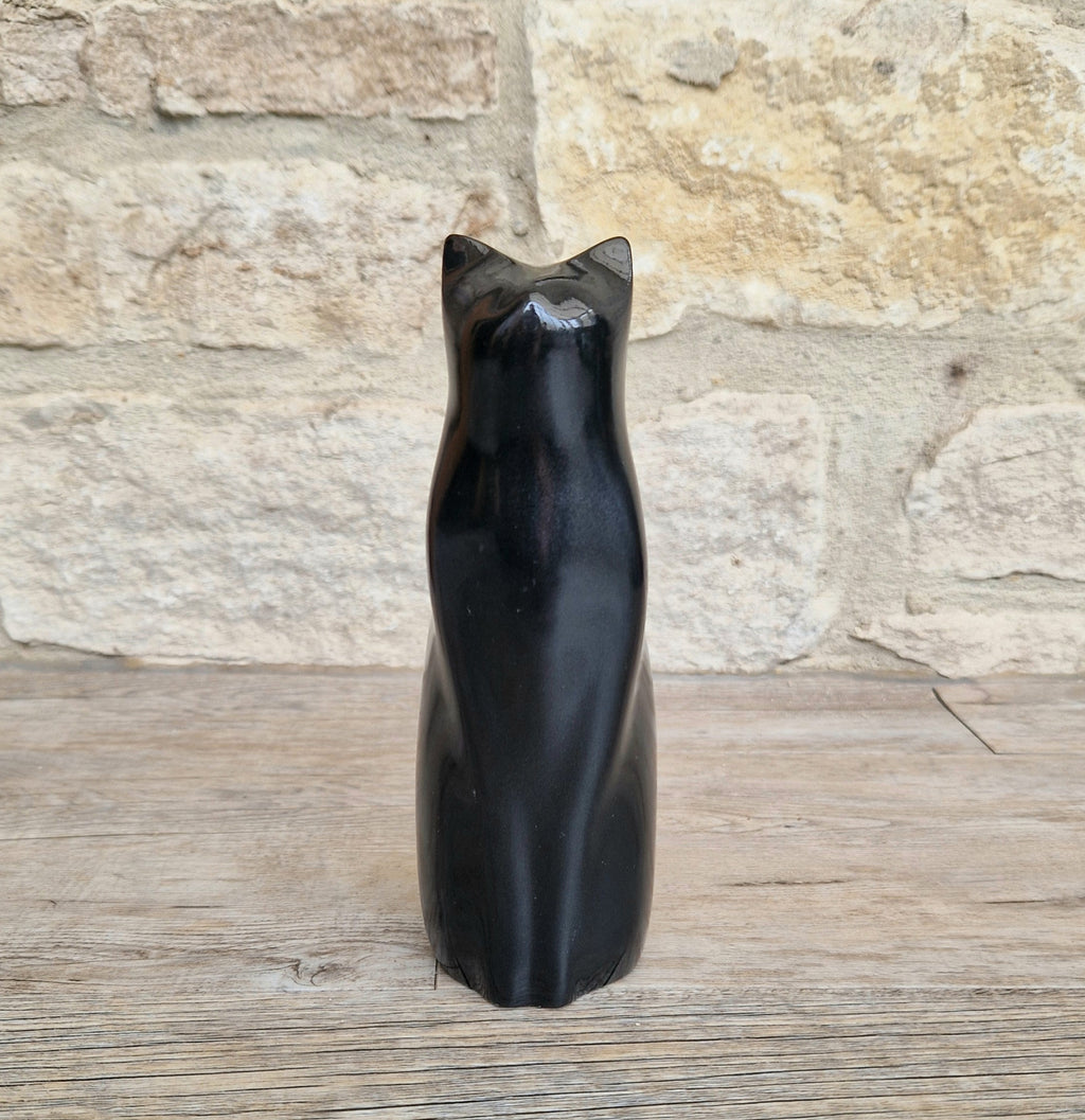 Perry Lancaster Sitting Cat Sculpture – Gloss Black Resin Figurine,Mid Century Decor 17cm