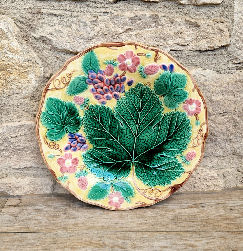 Rare Vintage Wedgwood Majolica Yellow Ground Strawberry Vine Plate 1930s English Pottery Exceptional Condition Grape Leaf & Berries