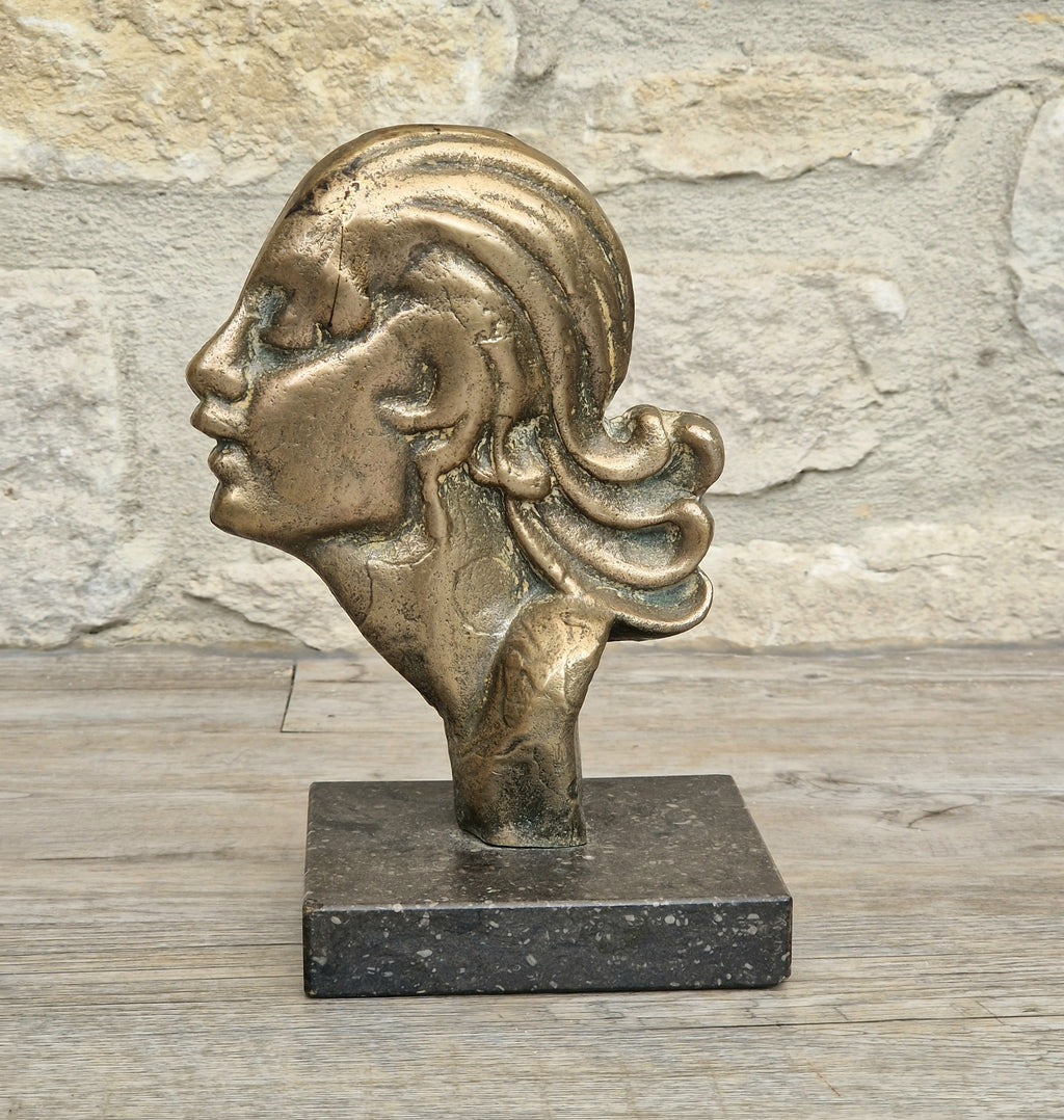 Art Deco Cast Bronze Girl's Head Profile Black Marble Mounted Desk Sculpture