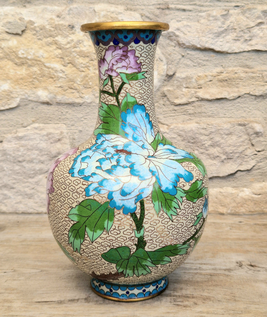 Pair Of Large Cloisonne Mirror Matched Peony Vases Mid 20th Century Exemplary Condition 23cm