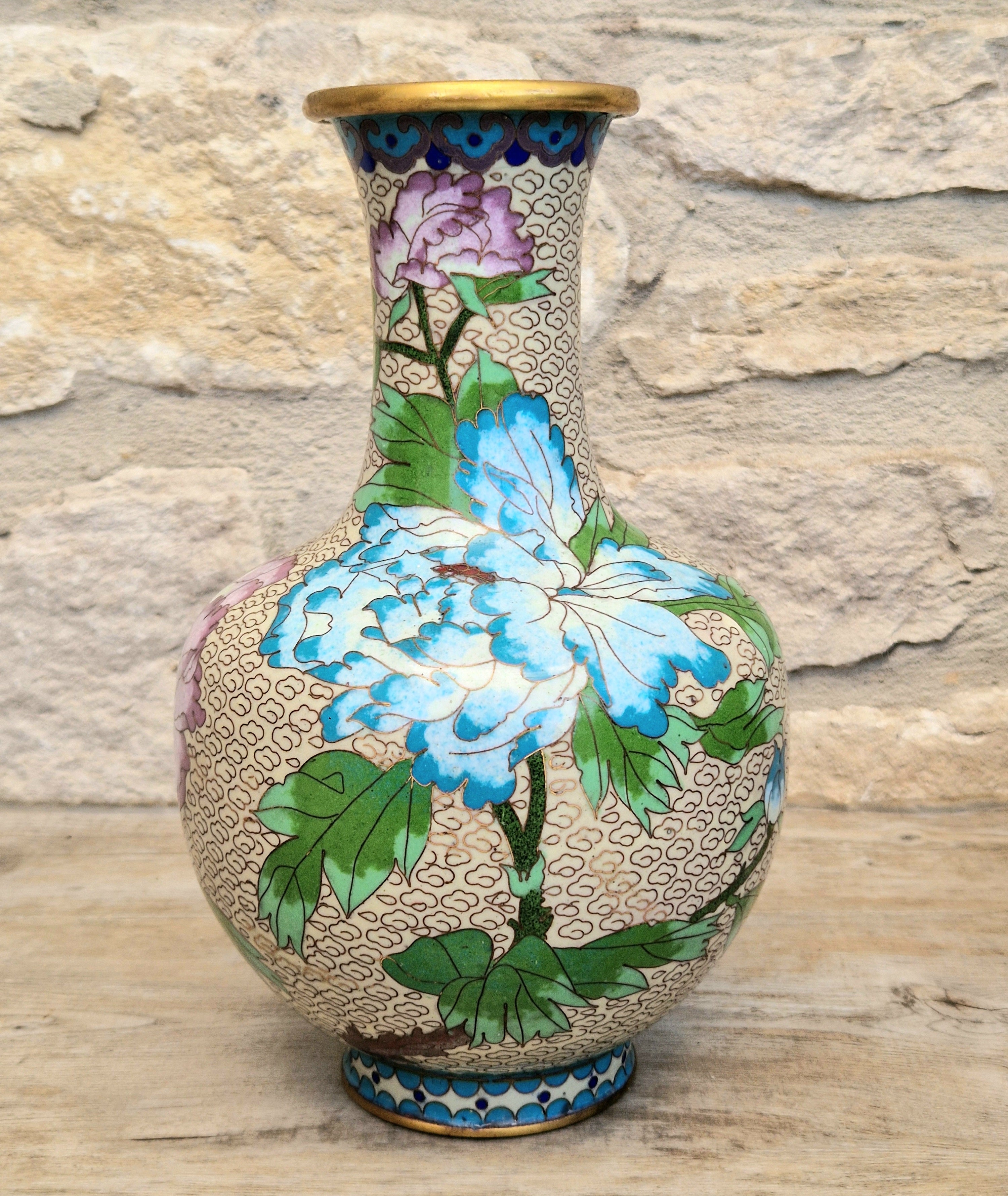 Pair Of Large Cloisonne Mirror Matched Peony Vases Mid 20th Century Exemplary Condition 23cm