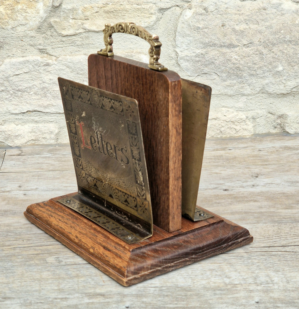 Antique Arts & Crafts Brass And Quarter Sawn Oak Gentleman's Handled Double Letter Rack Stand