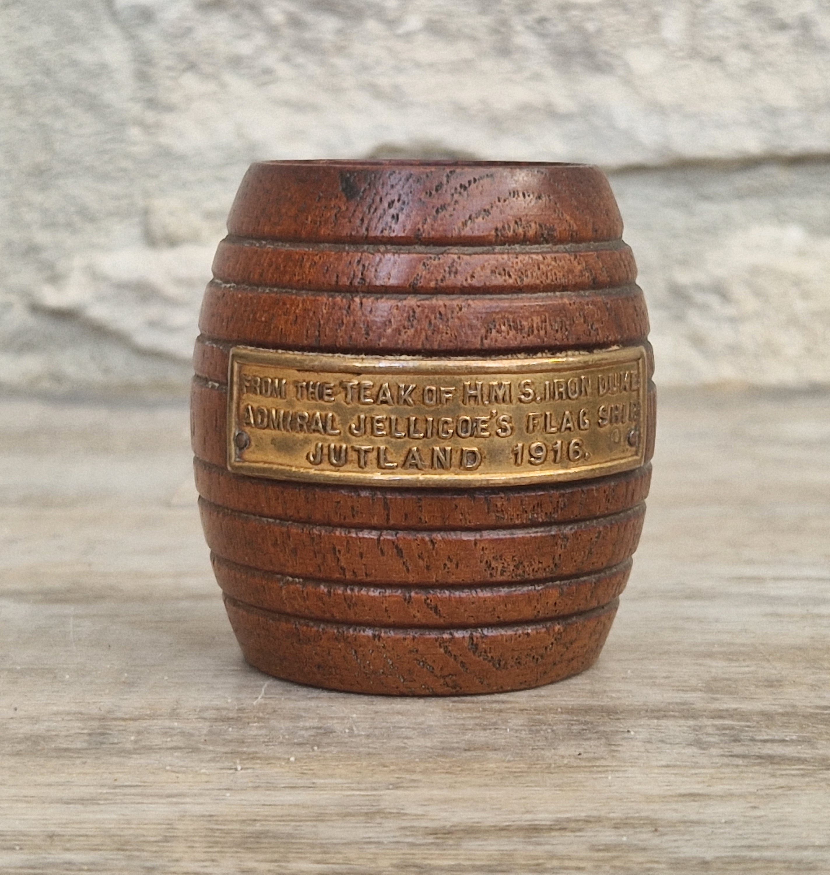 HMS Iron Duke Teak Barrel WWI Battle of Jutland Maritime Relic Admiral Jellicoe Flagship Souvenir Treen Match Holder Vesta