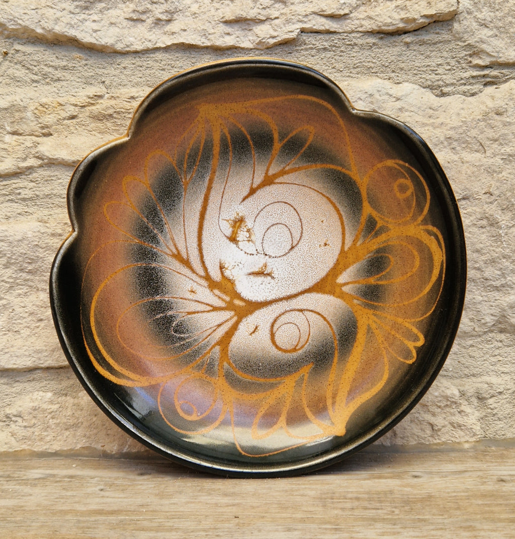 Poole Pottery Aegean "Sweetheart" Fluted Bowl Hand-Painted Stylized Butterfly Motif by Janet Brown Signed 1970s