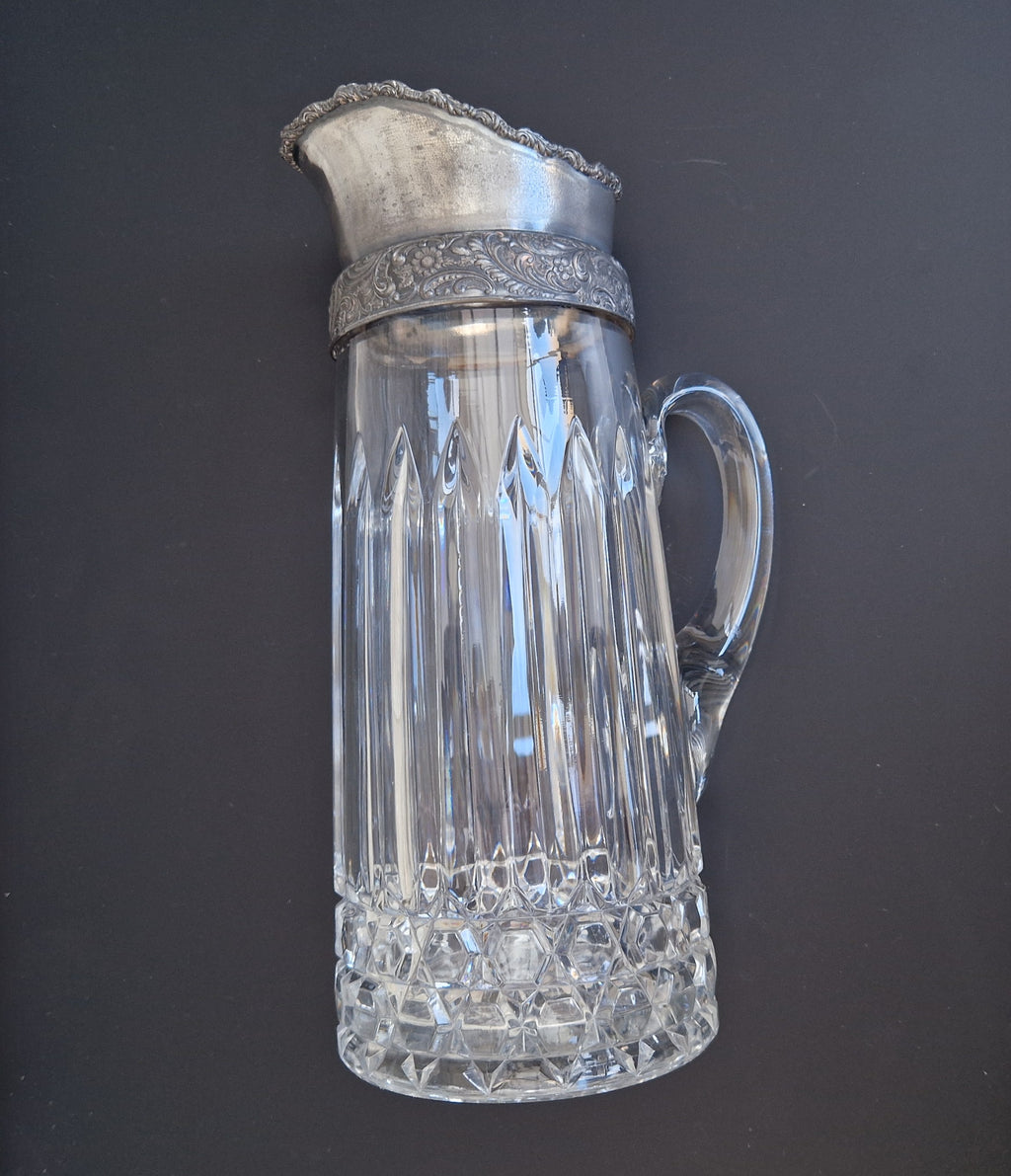 English Heavy Cut Glass & Pewter Water Pitcher Circa 1890 Antique Crystal