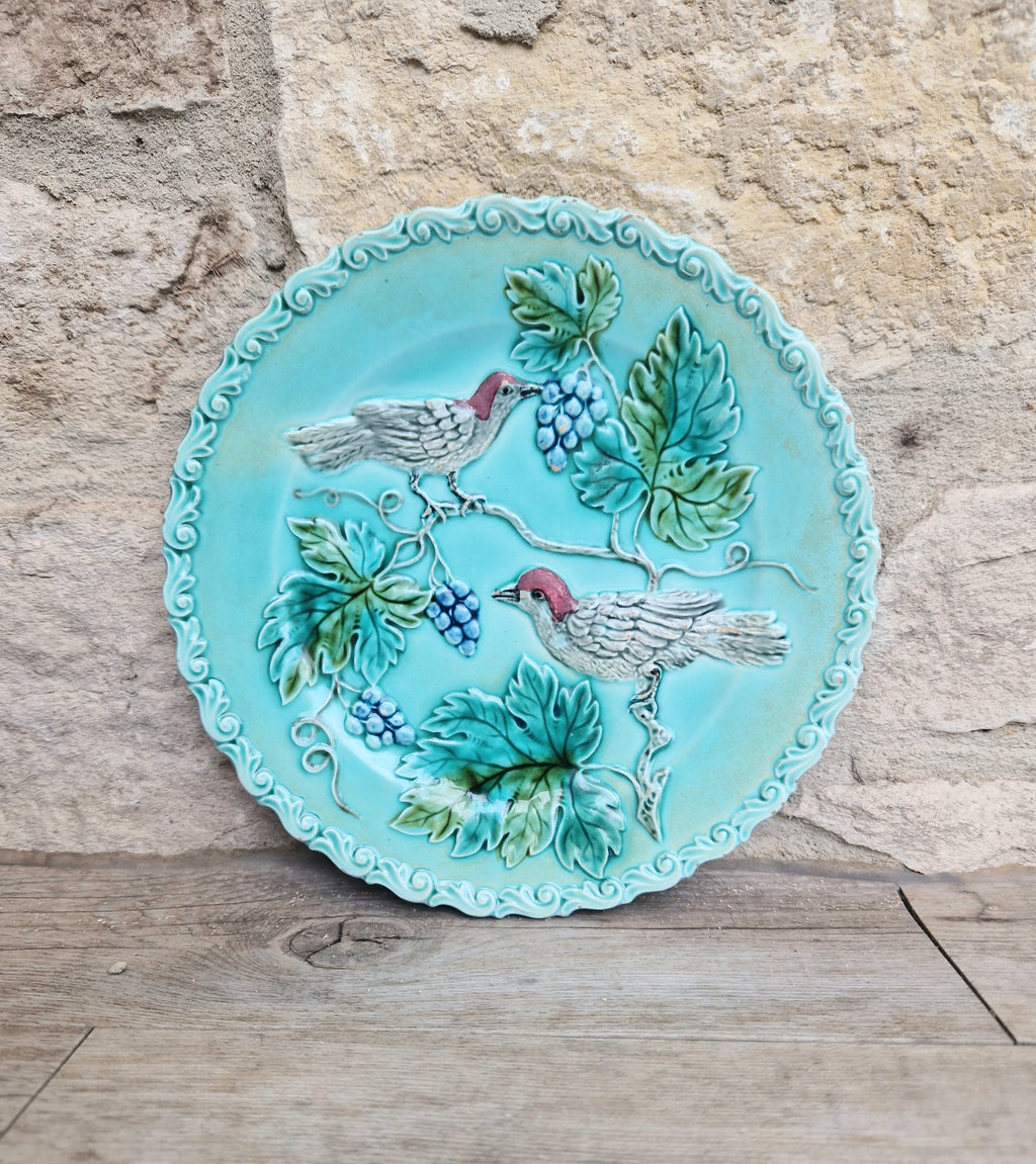 Antique Art Nouveau Continental Majolica Birds & Grapes Decorative Plate 19.3cm