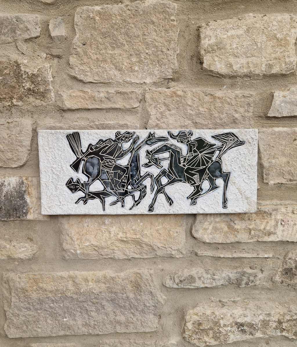 Mid-Century Italian Ceramic Art Plaque Warriors On Horseback Glazed Textured Art