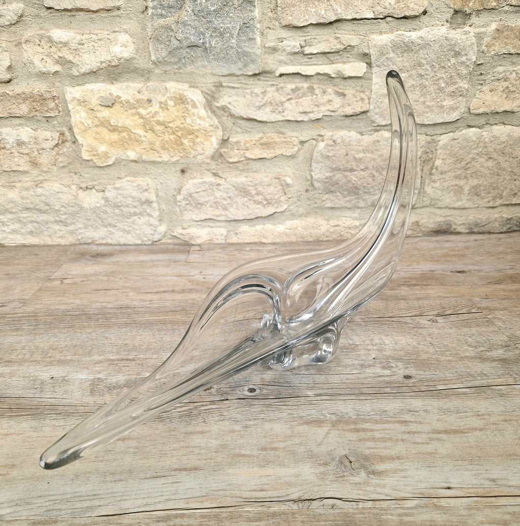 Vintage Art Vannes France Signed Lead Crystal Centerpiece | 1950s Mid Century Modern Biomorphic Freeform Sculptural Glass Bowl