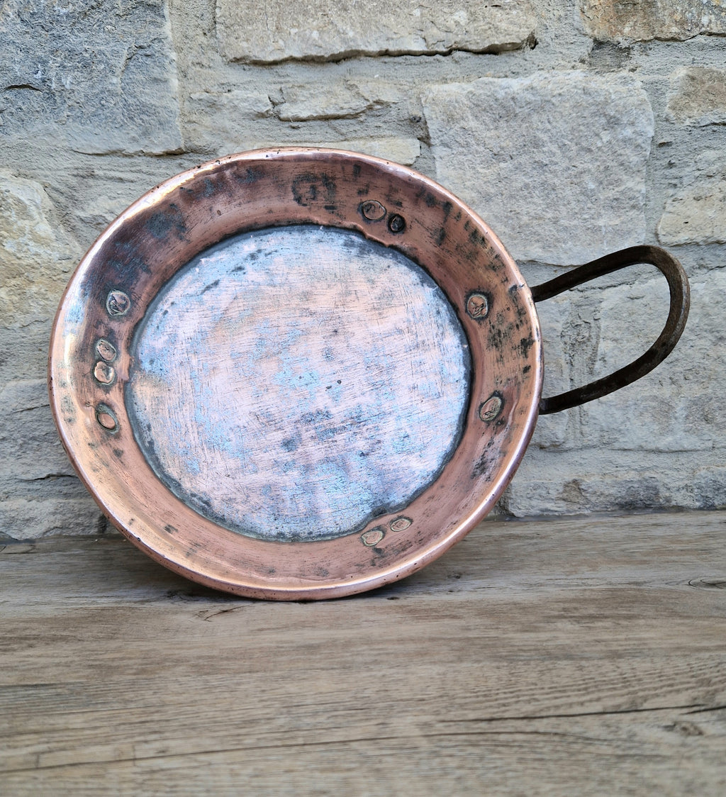 18th - 19th Century Copper & Iron Handle French Tripod Footed Tart Pan Rare Antique Kitchenalia