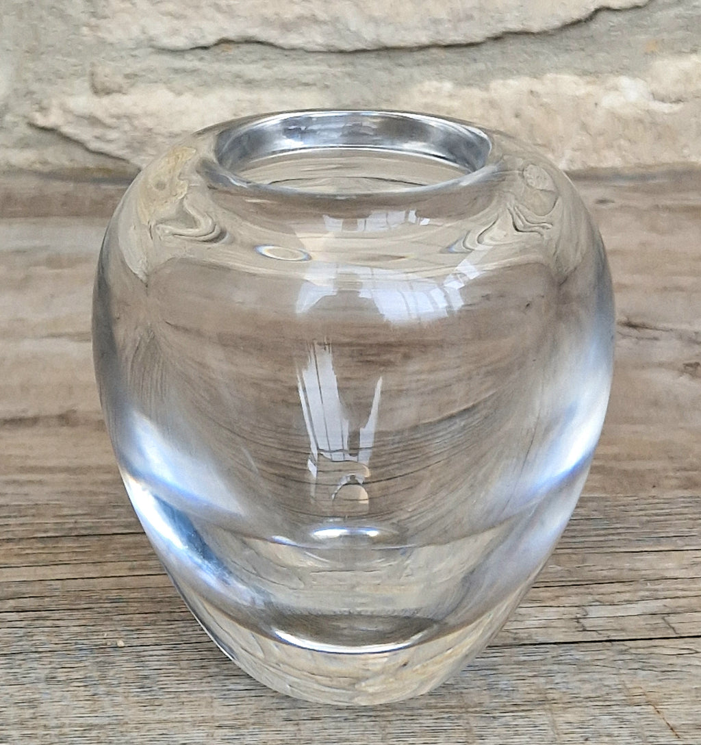 Heavy Mid-Century Clear Hand-Blown Art Glass Ovoid Vase With Polished Frosted Ring Base