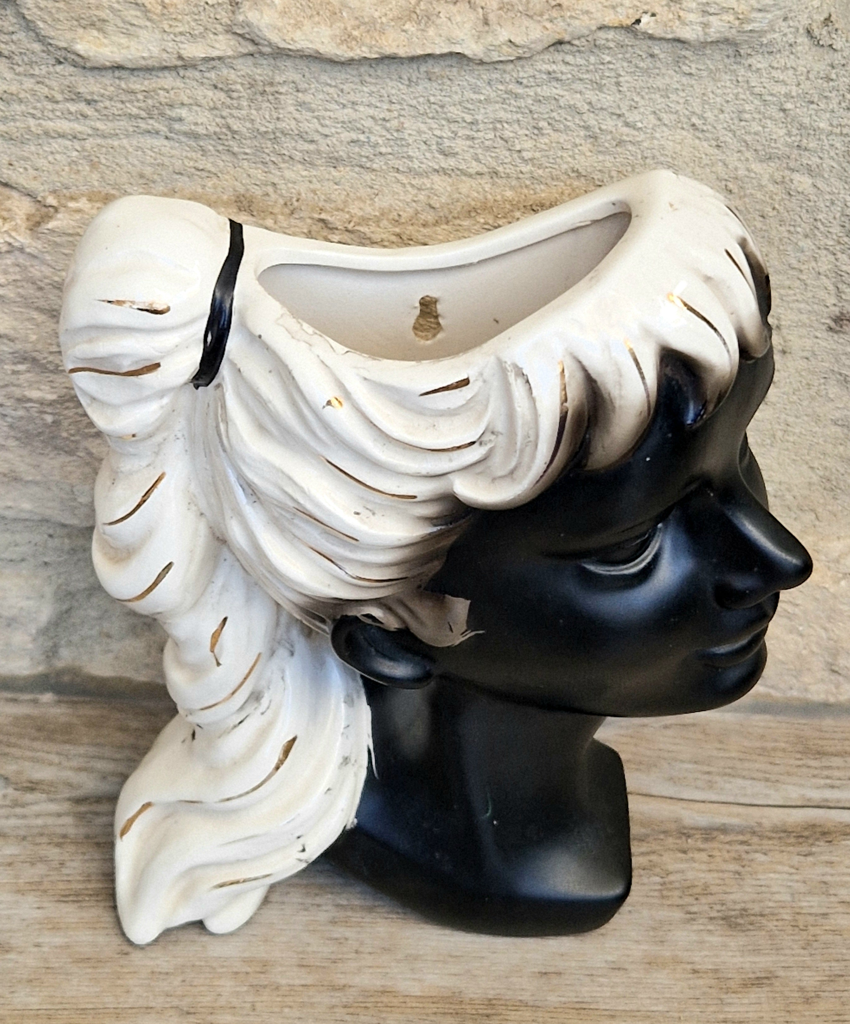 Vintage 1950s MCM Ceramic Girl Wall Pocket Vase by Albert Strunz for Cortendorf Germany.