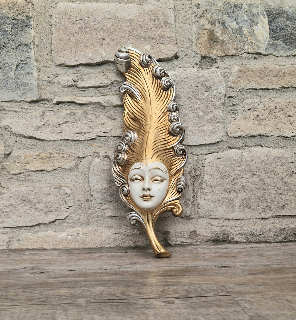 Vintage Venetian Wall Mask Feather Leaf Ceramic Gold Silver Made Italy 38cm Long