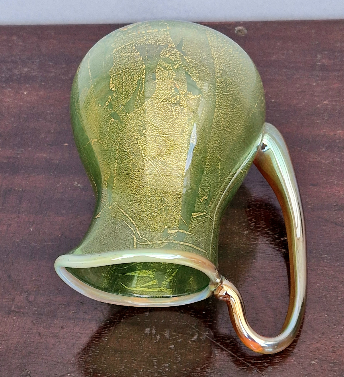 Antique Probable Salviati Dott. Murano Glass Jug, Green Gold Leaf, Venetian c.1875–1890, Handblown 13.5cm Rare