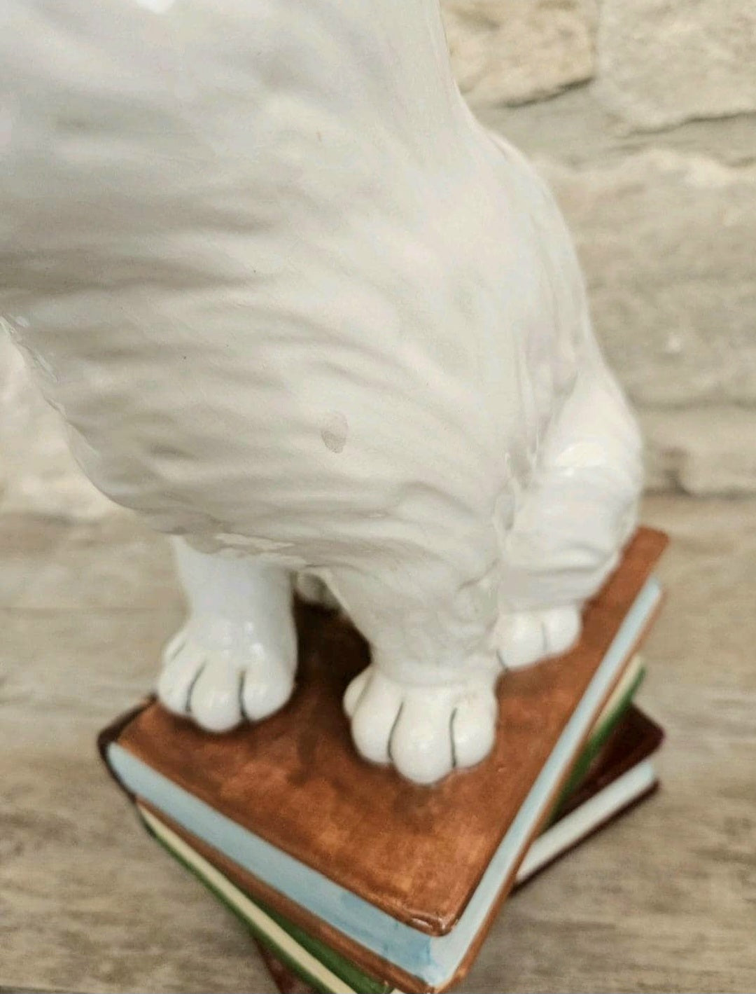 Vintage Italian White Cat Figurine Ornament Sitting on Books Ceramic Figure 11.5 lnch Tall