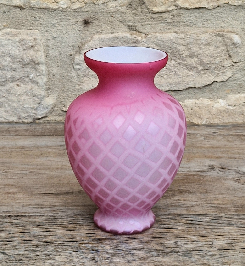 Antique Pink Satin Glass Vase - Victorian Diamond Quilted Mother of Pearl Art Glass - 19th Century Shaded Cranberry Cabinet Vase, Webb Style