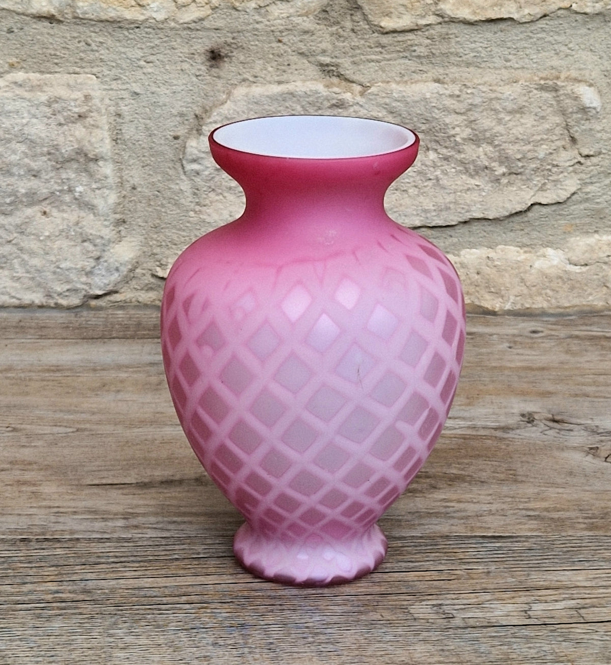 Antique Pink Satin Glass Vase - Victorian Diamond Quilted Mother of Pearl Art Glass - 19th Century Shaded Cranberry Cabinet Vase, Webb Style